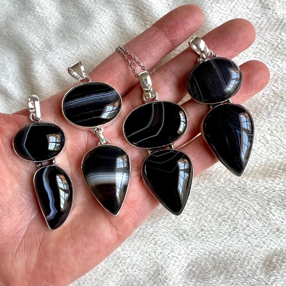 Jewelry - 925 You Choose! Banded Black Onyx Chalcedony Pendant Necklace